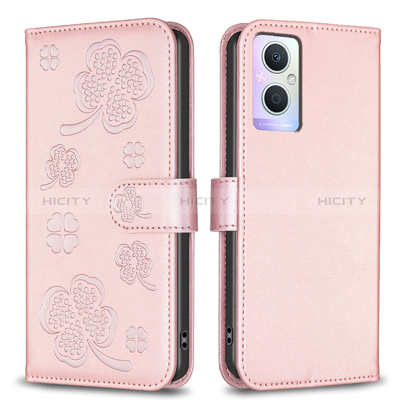 Funda de Cuero Cartera con Soporte Flores Carcasa BF1 para Oppo A96 5G Oro Rosa