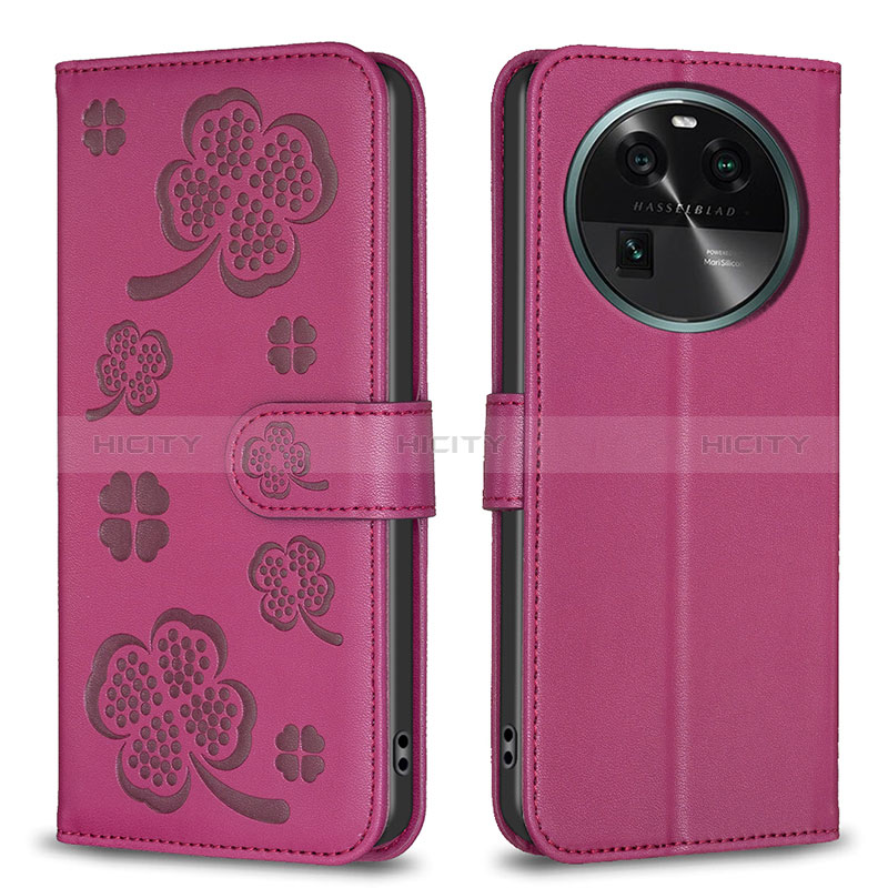 Funda de Cuero Cartera con Soporte Flores Carcasa BF1 para Oppo Find X6 5G Rosa Roja