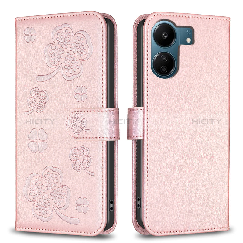 Funda de Cuero Cartera con Soporte Flores Carcasa BF1 para Xiaomi Poco C65 Oro Rosa