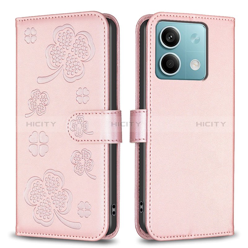 Funda de Cuero Cartera con Soporte Flores Carcasa BF1 para Xiaomi Redmi Note 13 5G Oro Rosa