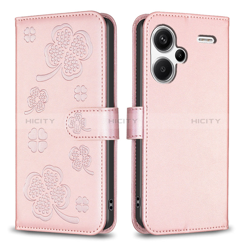 Funda de Cuero Cartera con Soporte Flores Carcasa BF1 para Xiaomi Redmi Note 13 Pro+ Plus 5G Oro Rosa