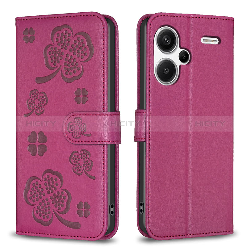 Funda de Cuero Cartera con Soporte Flores Carcasa BF1 para Xiaomi Redmi Note 13 Pro+ Plus 5G Rosa Roja