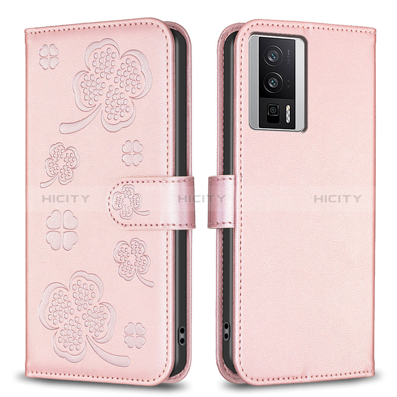 Funda de Cuero Cartera con Soporte Flores Carcasa BF2 para Xiaomi Poco F5 Pro 5G Oro Rosa