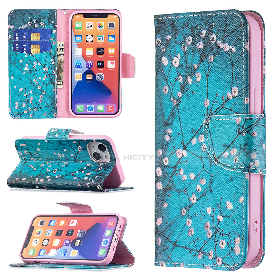 Funda de Cuero Cartera con Soporte Flores Carcasa L01 para Apple iPhone 13 Mini Cian