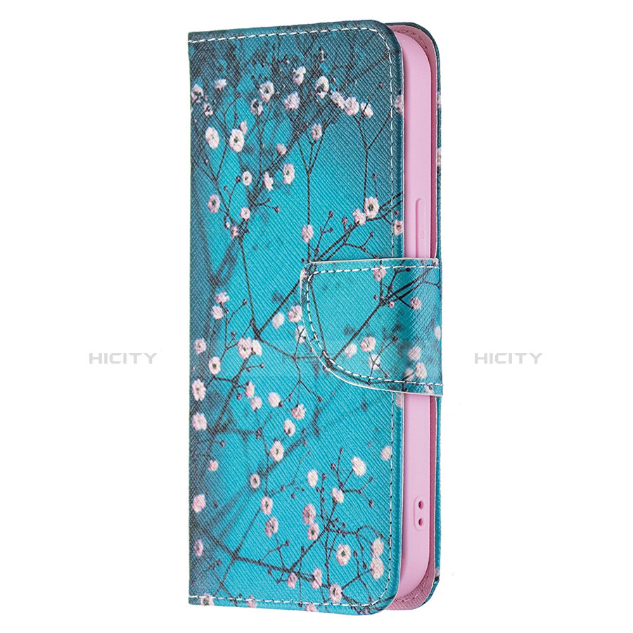 Funda de Cuero Cartera con Soporte Flores Carcasa L01 para Apple iPhone 13 Mini Cian