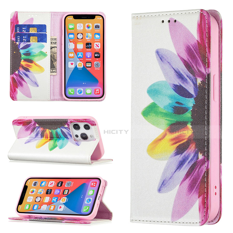 Funda de Cuero Cartera con Soporte Flores Carcasa L01 para Apple iPhone 13 Pro Max Rosa