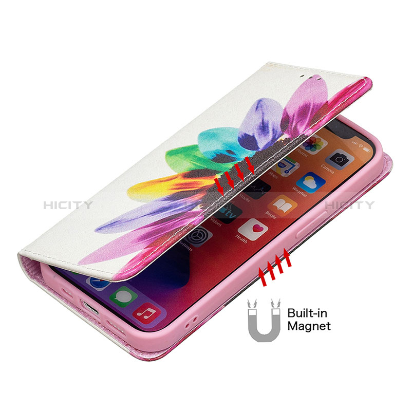 Funda de Cuero Cartera con Soporte Flores Carcasa L01 para Apple iPhone 14 Pro Rosa