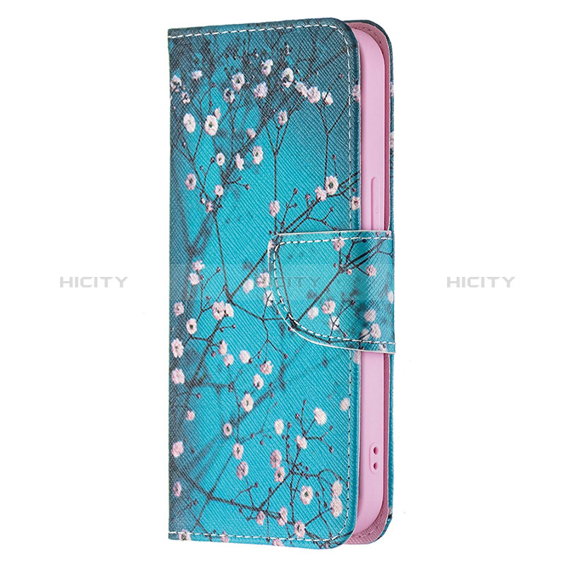 Funda de Cuero Cartera con Soporte Flores Carcasa L01 para Apple iPhone 15 Cian