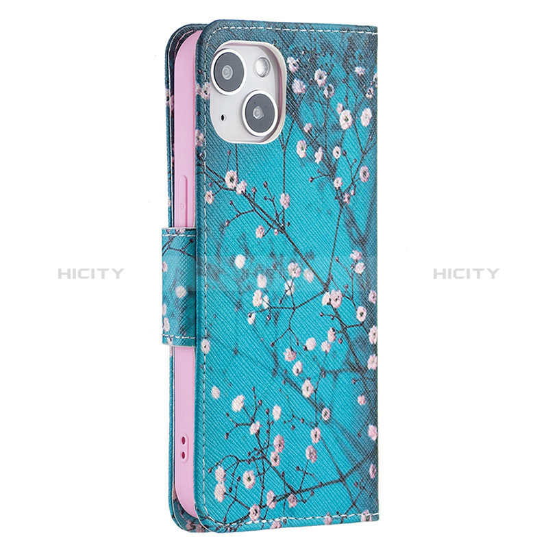 Funda de Cuero Cartera con Soporte Flores Carcasa L01 para Apple iPhone 15 Cian