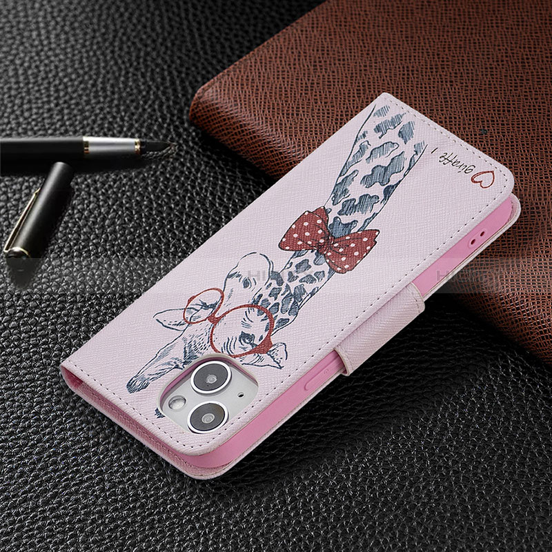 Funda de Cuero Cartera con Soporte Flores Carcasa L01 para Apple iPhone 15 Plus Rosa