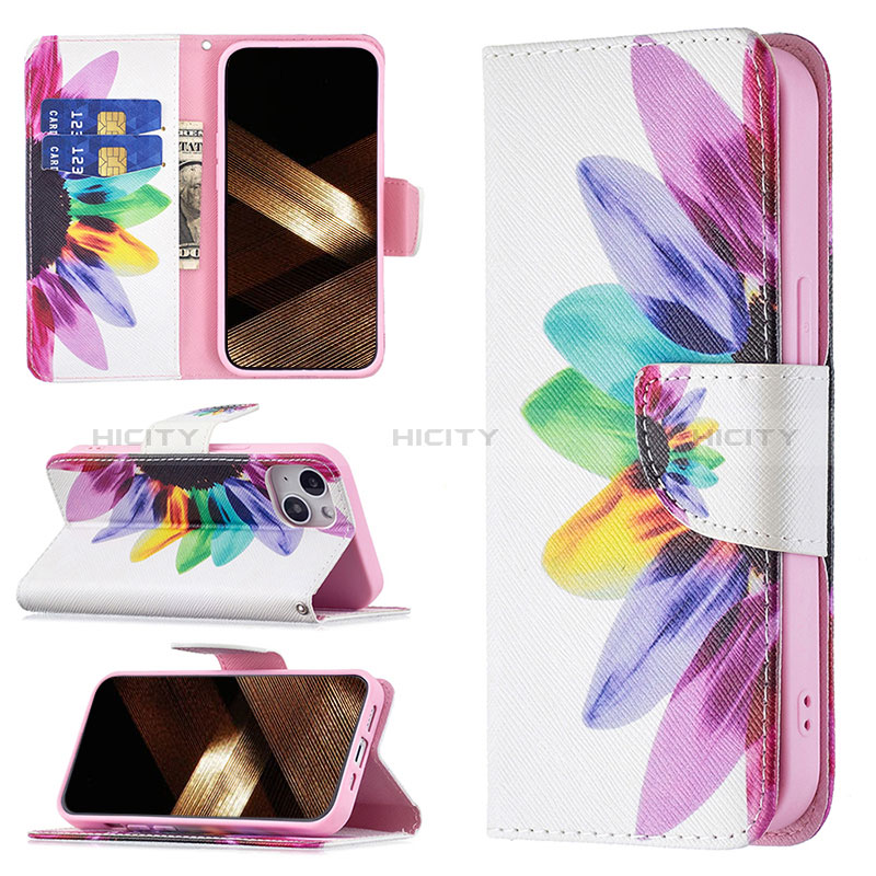 Funda de Cuero Cartera con Soporte Flores Carcasa L01 para Apple iPhone 15 Plus Vistoso