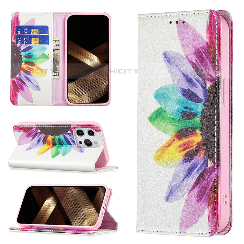 Funda de Cuero Cartera con Soporte Flores Carcasa L01 para Apple iPhone 15 Pro Rosa