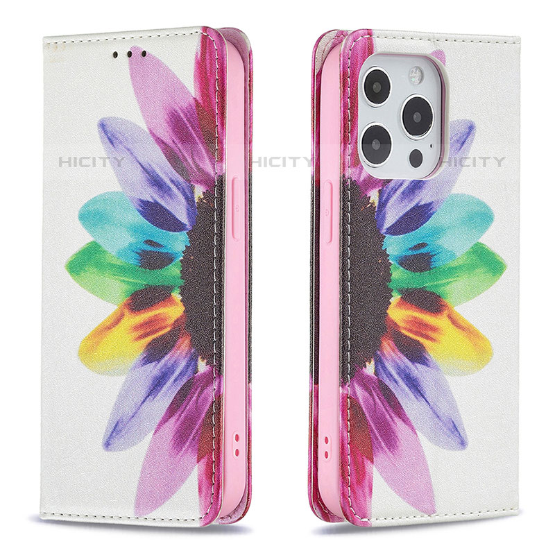 Funda de Cuero Cartera con Soporte Flores Carcasa L01 para Apple iPhone 16 Pro Rosa