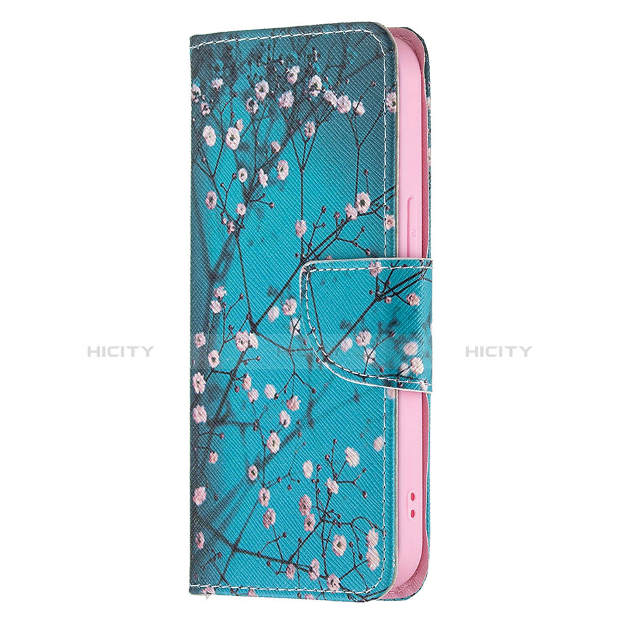 Funda de Cuero Cartera con Soporte Flores Carcasa L02 para Apple iPhone 13 Pro Max Cian