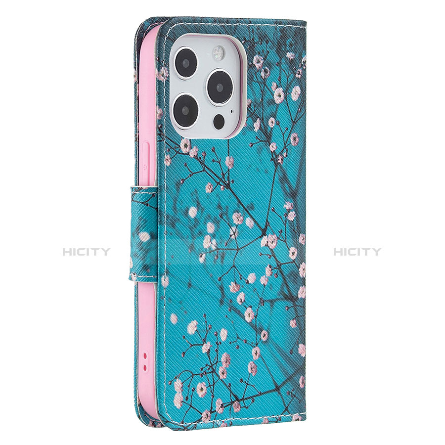 Funda de Cuero Cartera con Soporte Flores Carcasa L02 para Apple iPhone 13 Pro Max Cian