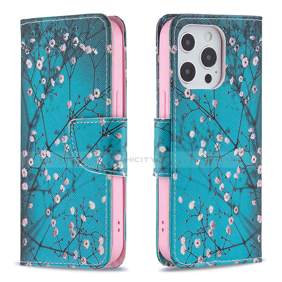 Funda de Cuero Cartera con Soporte Flores Carcasa L02 para Apple iPhone 13 Pro Max Cian