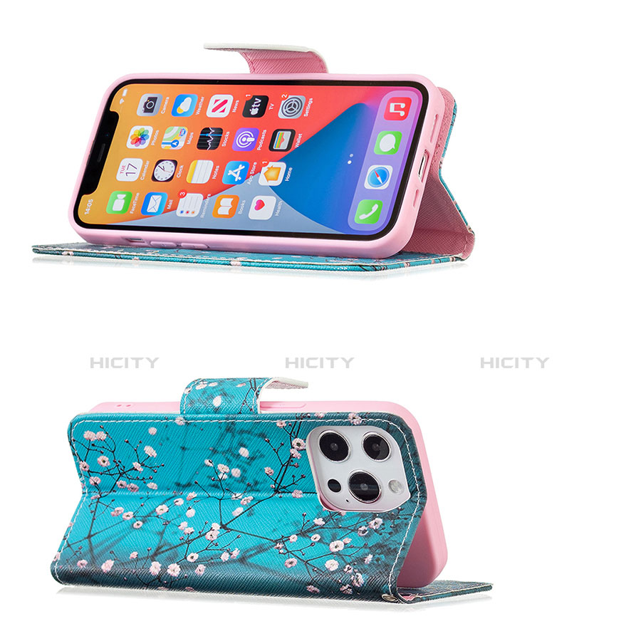 Funda de Cuero Cartera con Soporte Flores Carcasa L02 para Apple iPhone 13 Pro Max Cian