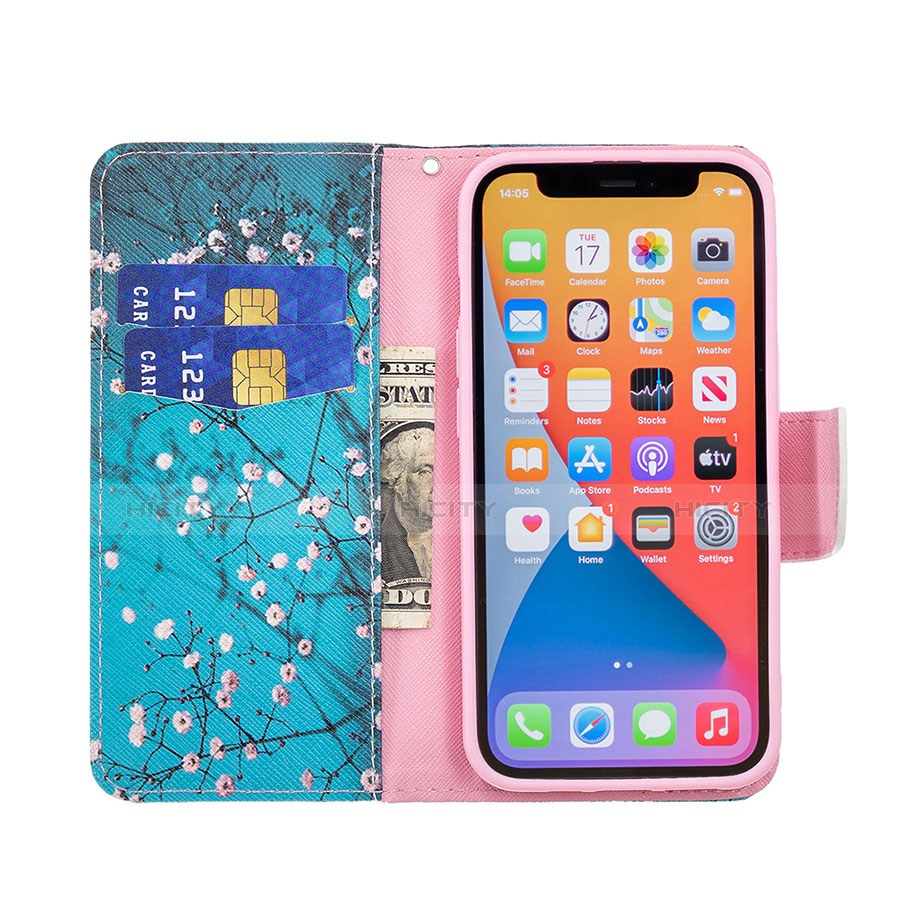 Funda de Cuero Cartera con Soporte Flores Carcasa L02 para Apple iPhone 13 Pro Max Cian