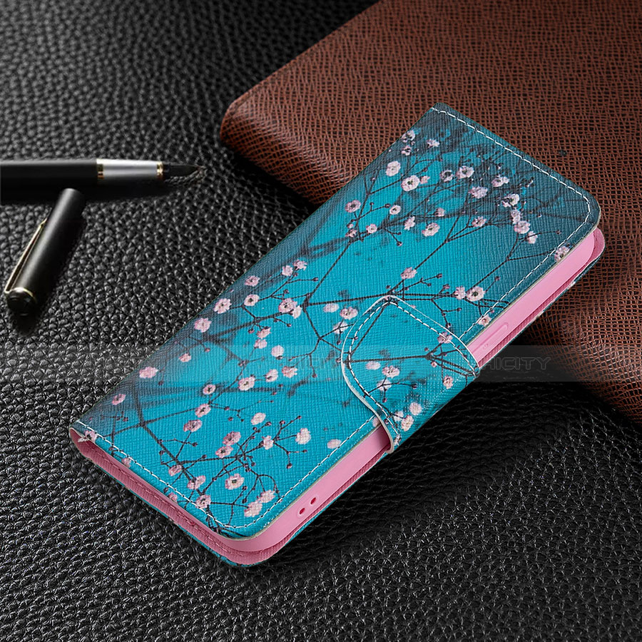 Funda de Cuero Cartera con Soporte Flores Carcasa L02 para Apple iPhone 13 Pro Max Cian