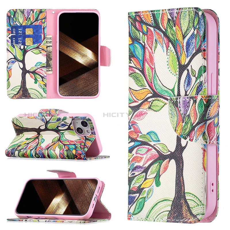 Funda de Cuero Cartera con Soporte Flores Carcasa L02 para Apple iPhone 15 Plus Multicolor