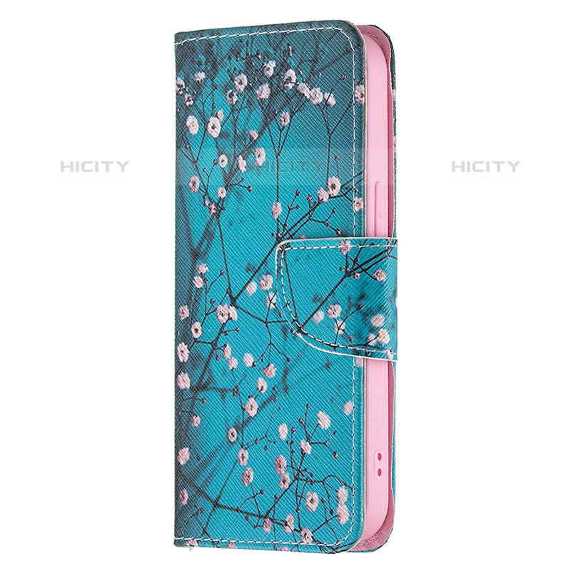 Funda de Cuero Cartera con Soporte Flores Carcasa L02 para Apple iPhone 15 Pro Max Cian