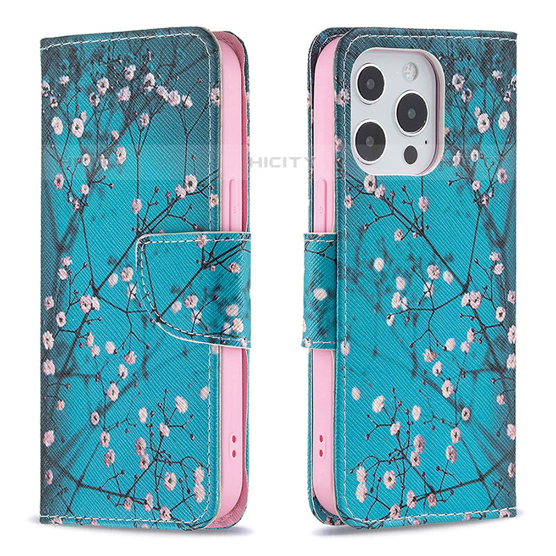 Funda de Cuero Cartera con Soporte Flores Carcasa L02 para Apple iPhone 15 Pro Max Cian