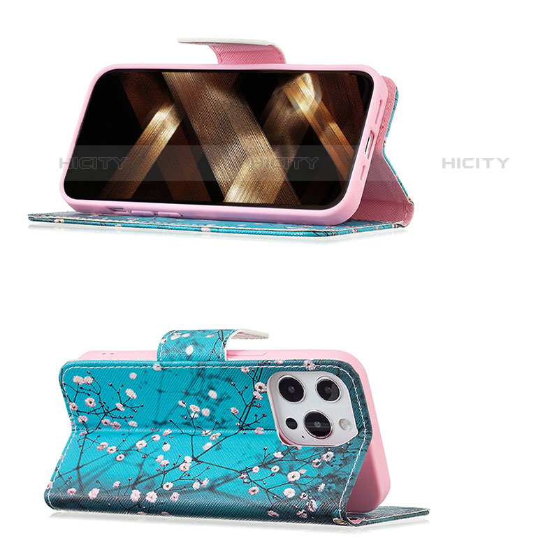 Funda de Cuero Cartera con Soporte Flores Carcasa L02 para Apple iPhone 15 Pro Max Cian