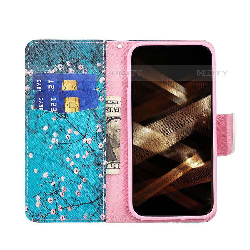 Funda de Cuero Cartera con Soporte Flores Carcasa L02 para Apple iPhone 15 Pro Max Cian