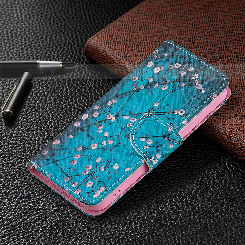 Funda de Cuero Cartera con Soporte Flores Carcasa L02 para Apple iPhone 15 Pro Max Cian