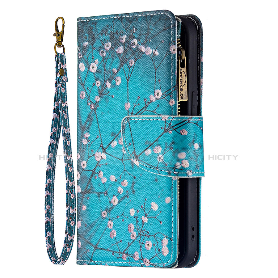 Funda de Cuero Cartera con Soporte Flores Carcasa L03 para Apple iPhone 14 Cian