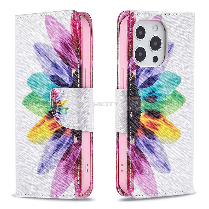 Funda de Cuero Cartera con Soporte Flores Carcasa L03 para Apple iPhone 14 Pro Max Rosa