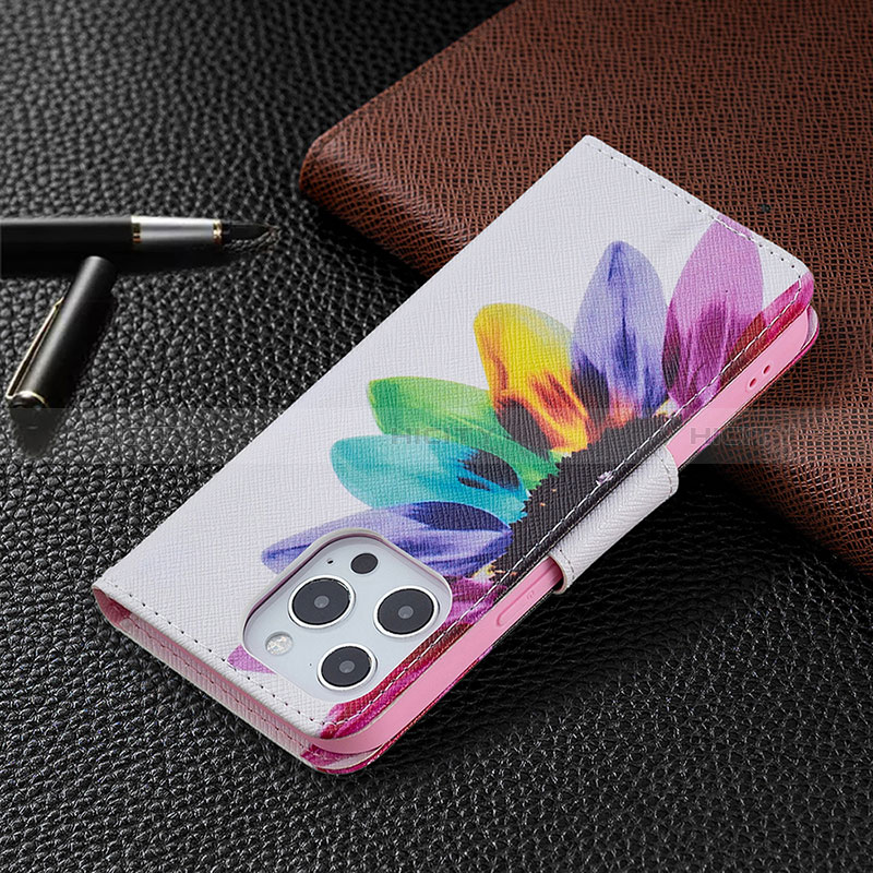 Funda de Cuero Cartera con Soporte Flores Carcasa L03 para Apple iPhone 14 Pro Max Rosa