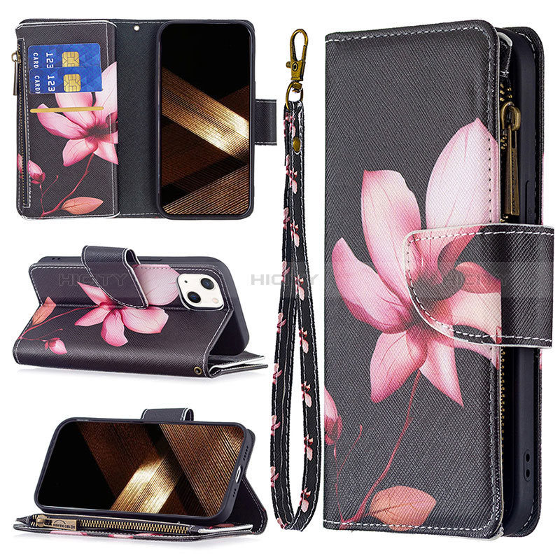 Funda de Cuero Cartera con Soporte Flores Carcasa L03 para Apple iPhone 15 Marron