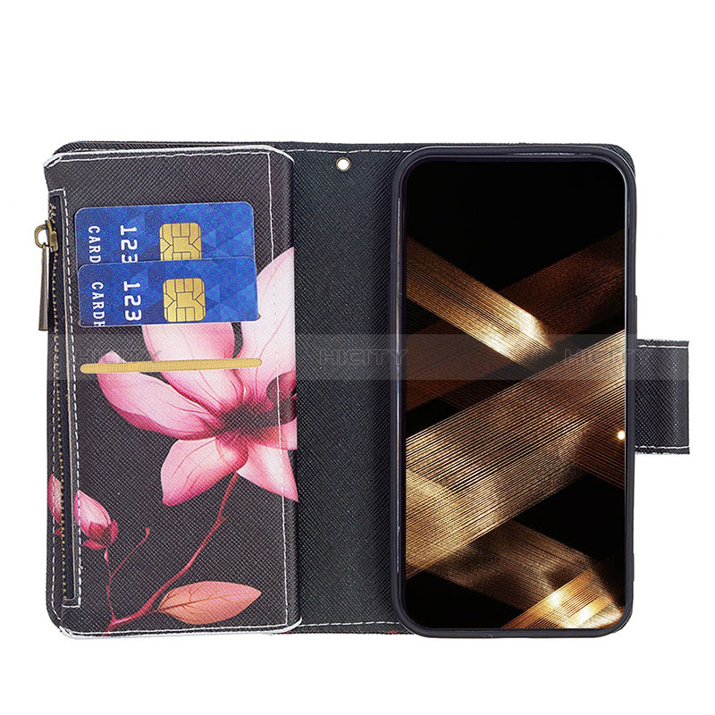 Funda de Cuero Cartera con Soporte Flores Carcasa L03 para Apple iPhone 15 Marron