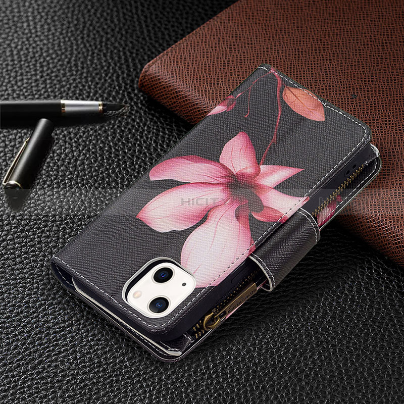 Funda de Cuero Cartera con Soporte Flores Carcasa L03 para Apple iPhone 15 Marron