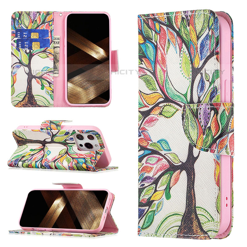 Funda de Cuero Cartera con Soporte Flores Carcasa L03 para Apple iPhone 15 Pro Max Multicolor