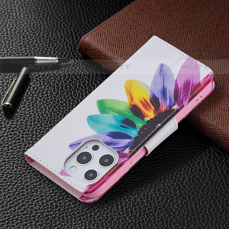 Funda de Cuero Cartera con Soporte Flores Carcasa L03 para Apple iPhone 15 Pro Max Rosa