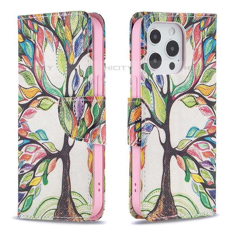 Funda de Cuero Cartera con Soporte Flores Carcasa L03 para Apple iPhone 15 Pro Multicolor