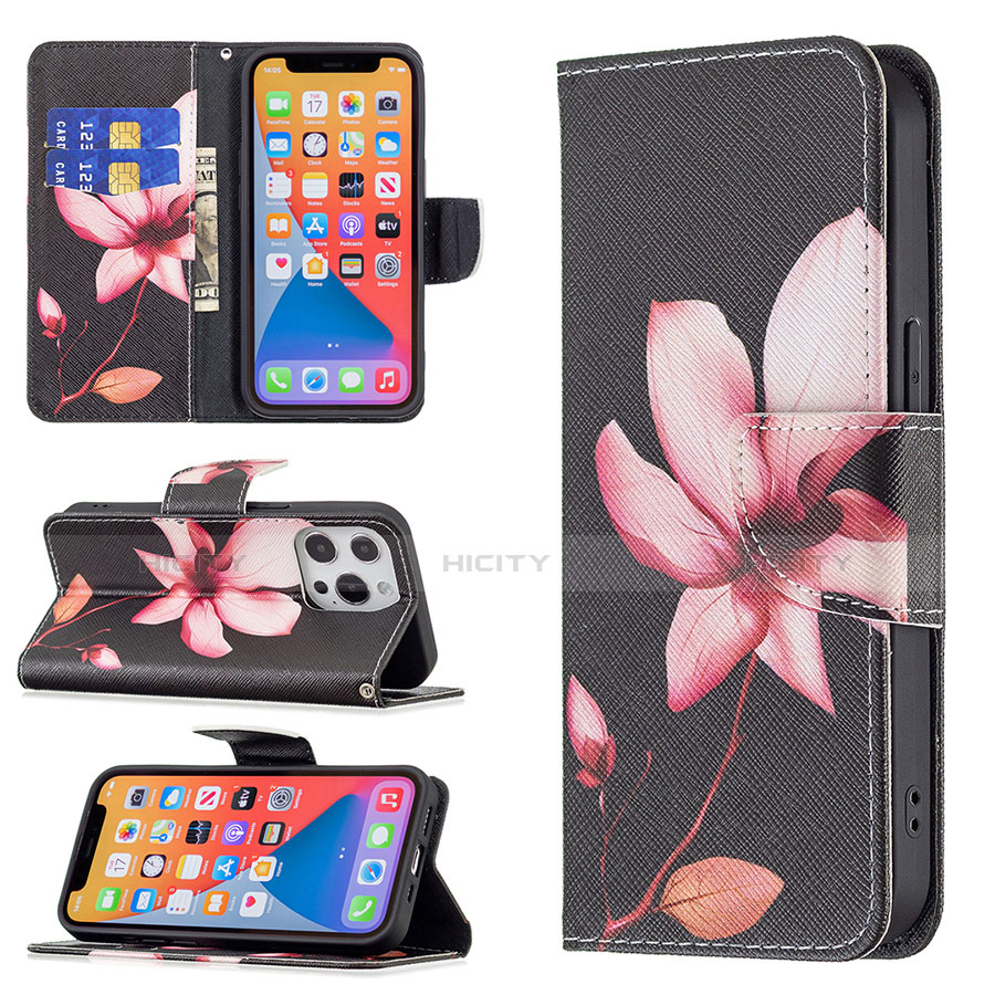 Funda de Cuero Cartera con Soporte Flores Carcasa L07 para Apple iPhone 13 Pro Max Marron