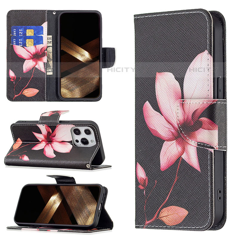 Funda de Cuero Cartera con Soporte Flores Carcasa L07 para Apple iPhone 15 Pro Marron