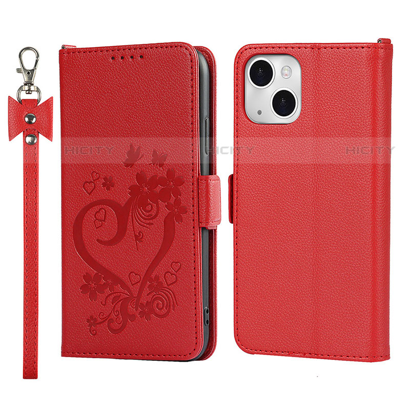 Funda de Cuero Cartera con Soporte Flores Carcasa L16 para Apple iPhone 13 Mini Rojo