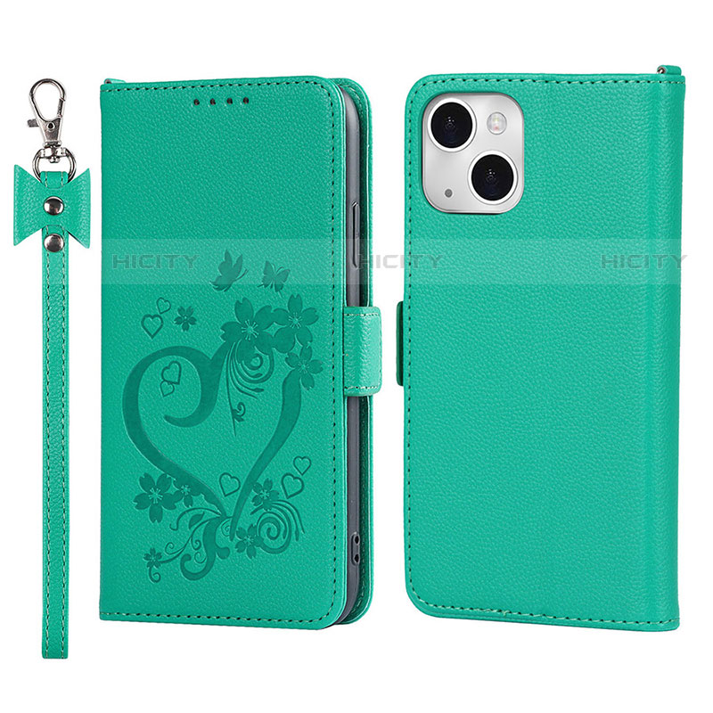 Funda de Cuero Cartera con Soporte Flores Carcasa L16 para Apple iPhone 13 Mini Verde