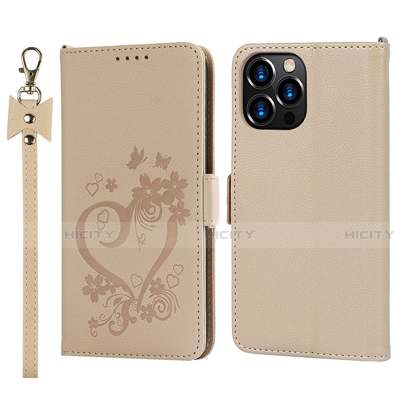 Funda de Cuero Cartera con Soporte Flores Carcasa L16 para Apple iPhone 13 Pro Oro