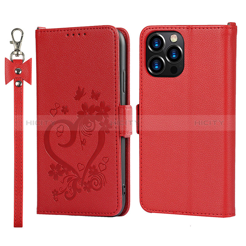 Funda de Cuero Cartera con Soporte Flores Carcasa L16 para Apple iPhone 14 Pro Max Rojo