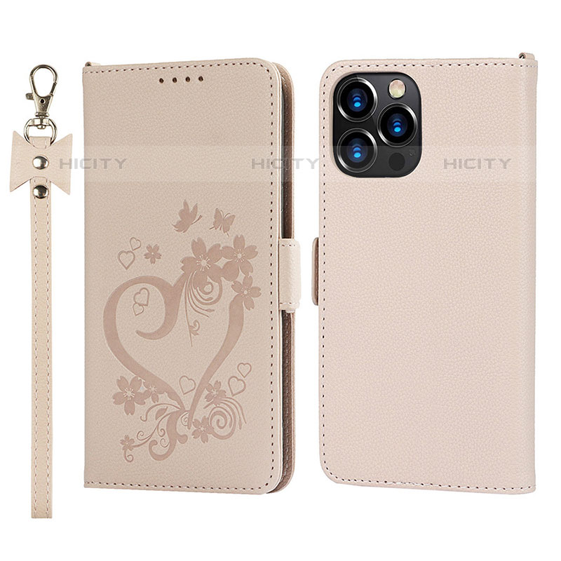 Funda de Cuero Cartera con Soporte Flores Carcasa L16 para Apple iPhone 15 Pro Oro Rosa