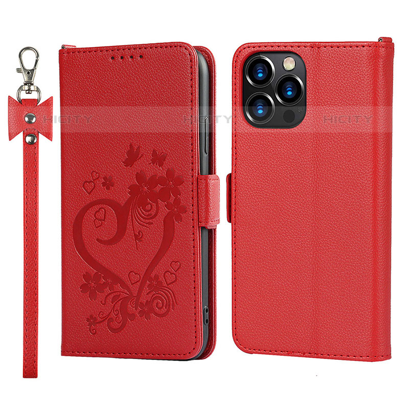 Funda de Cuero Cartera con Soporte Flores Carcasa L16 para Apple iPhone 15 Pro Rojo