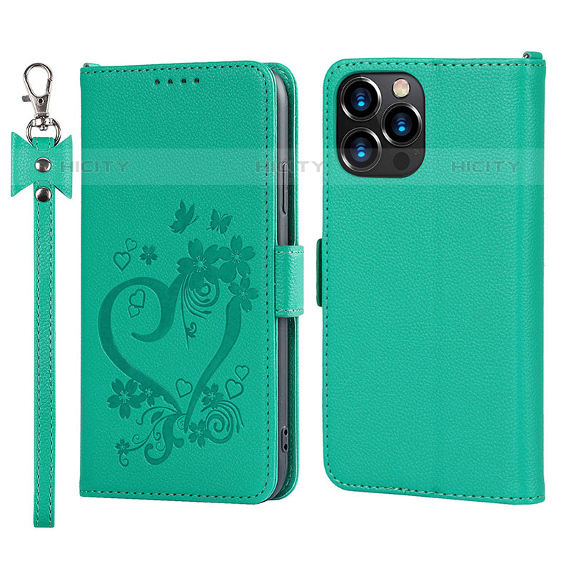 Funda de Cuero Cartera con Soporte Flores Carcasa L16 para Apple iPhone 15 Pro Verde