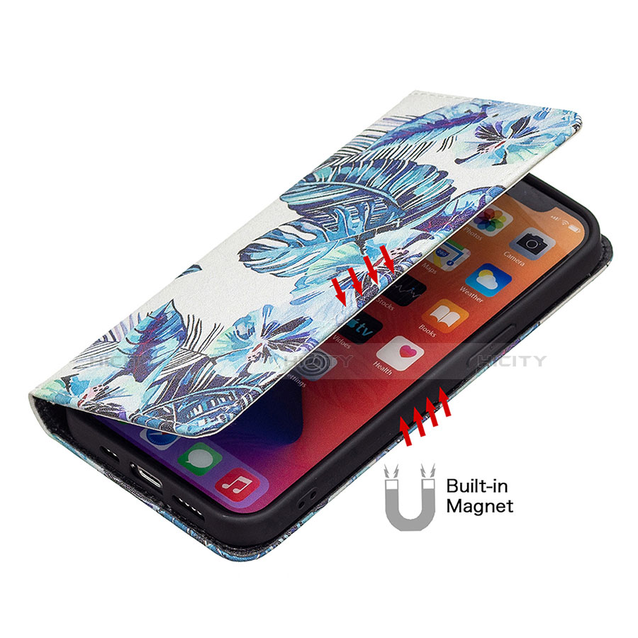 Funda de Cuero Cartera con Soporte Flores Carcasa para Apple iPhone 13 Mini Azul