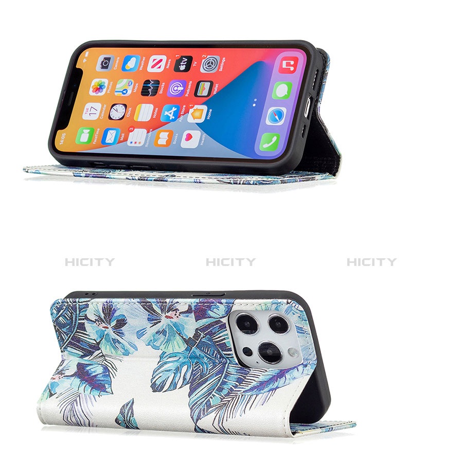 Funda de Cuero Cartera con Soporte Flores Carcasa para Apple iPhone 13 Pro Azul