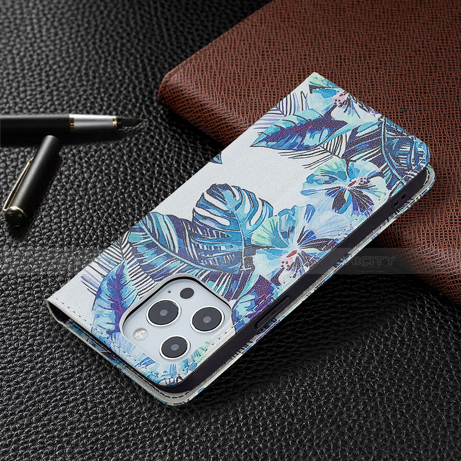 Funda de Cuero Cartera con Soporte Flores Carcasa para Apple iPhone 13 Pro Azul